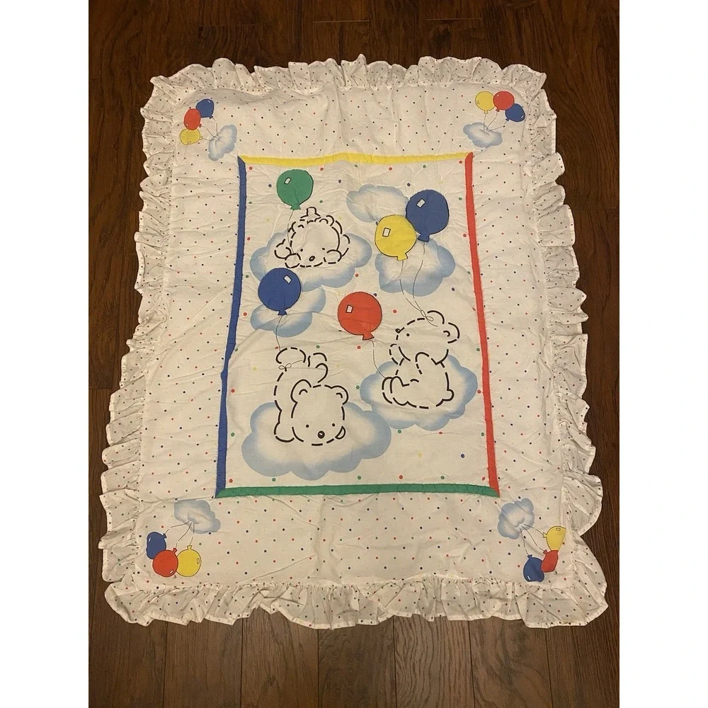 Vintage Carter's Baby Crib‎ Blanket Balloon Bear Ruffle Comforter Polka Dot USA